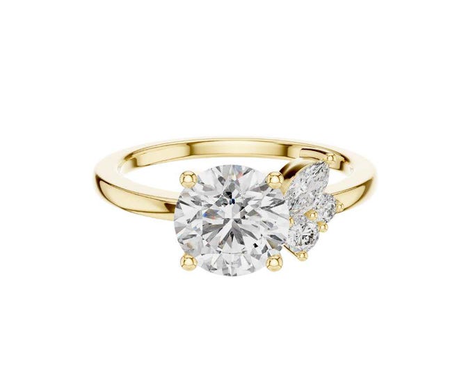 Diamond Accents Unique Round Cut with Side Stone Marquise Moissanite Engagement Ring in Gold with Vintage Solitaire Bridal for Love