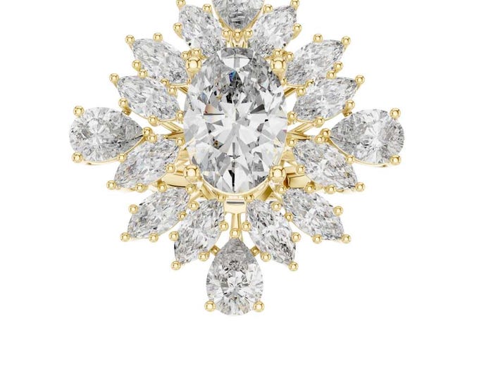 10.79  CT Radiant Oval Cut Diamond Cluster Engagement Ring  Marquise Halo Floral Burst Design in Yellow Gold bridal set gift for her
