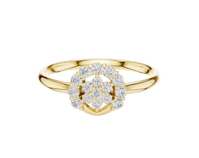 Exquisite 14K Gold Floral Cluster Diamond Ring  Dainty Round Brilliant-Cut Diamonds in Bloom-Inspired Design Elegant Fine Jewelry for Women