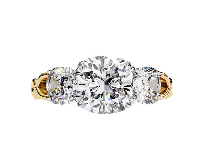 Trilogy Design Round Brilliant Three Stone Moissanite Engagement Ring in Yellow Gold Timeless Sparkling Classic Solitaire Bridal Jewelry