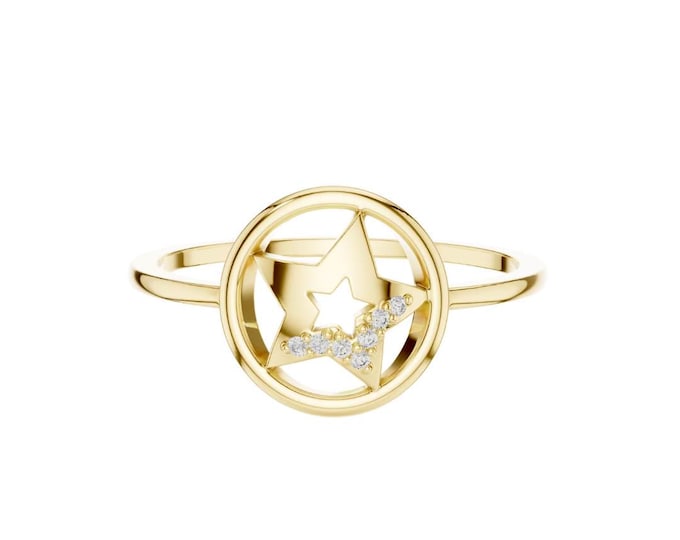 Star Ring with Diamond Accent Celestial Inspired Dainty Ring Elegant Handmade Unique Cosmic Ring Minimalist Star Jewelry Statement Piece