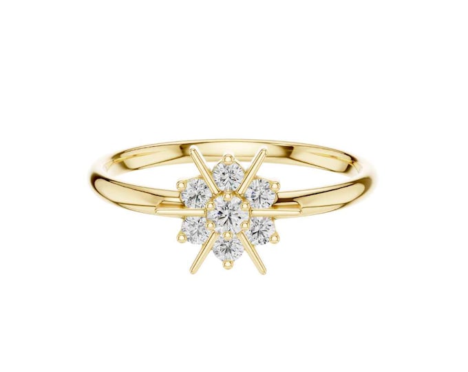 Gold Starburst Diamond Ring Dainty Sunburst Engagement Ring Vintage Style Cluster Ring Unique Celestial Jewelry Delicate Gold Ring for Women