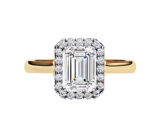 Dazzling Emerald Cut Halo Diamond Engagement Ring Gold Band Elegant Bridal Ring Timeless Shiny Wedding Jewelry Gift for Someone Special