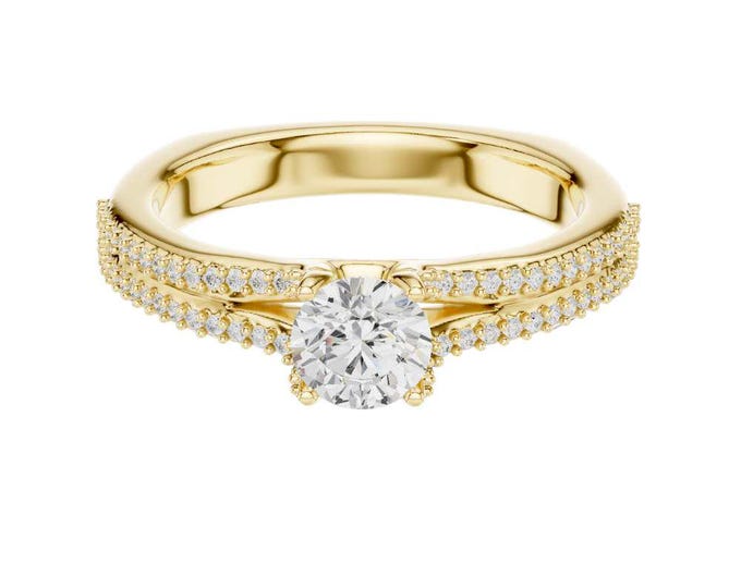 Engagement Ring Round Cut Moissanite Diamond Ring Double Pave Band Gold Ring Dainty Solitaire Ring Unique Gold Bridal Ring Anniversary Gift