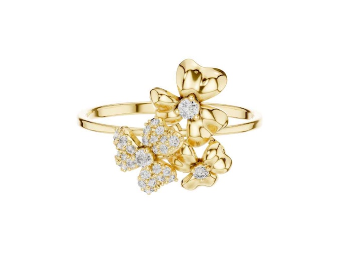 Round Moissanite Butterfly & Flower Ring Dainty Floral Ring Adjustable Nature Inspired Gold Ring Spring Garden Jewelry Gift for Her