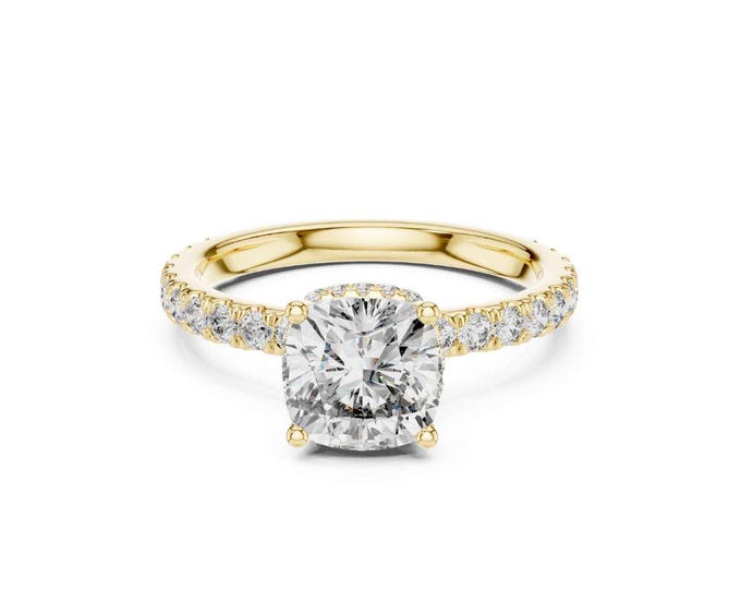 Affordable Cushion Cut Diamond Engagement Ring with Pave Diamond Band in  Yellow Gold Classic Bridal Ring For Beautiful Girl
