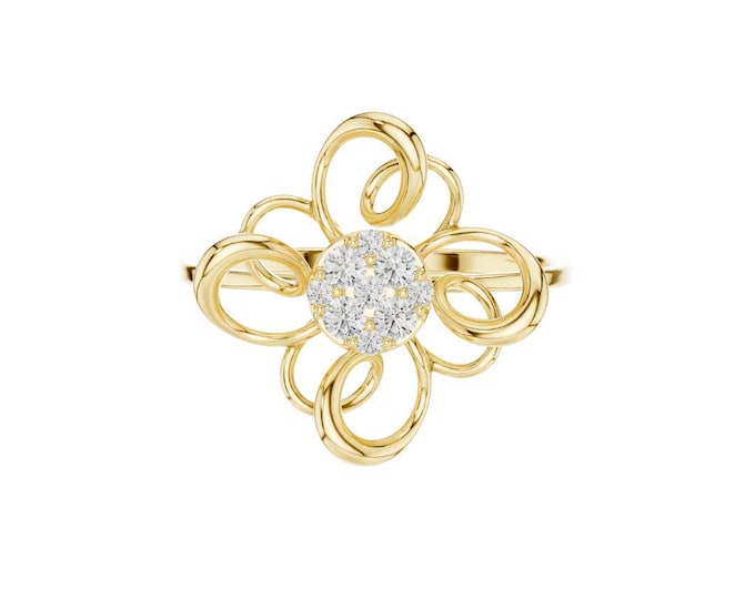 Round Moissanite Floral Swirl Diamond Cluster Ring Elegant Vintage Style Statement Ring Unique Gold Flower Ring Anniversary or Gift for Her