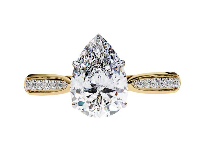 Teardrop Pear Cut Moissanite Engagement Ring in Yellow Gold with Sparkling Diamond Band Distinctive Elegant Solitaire Bridal Jewelry Women