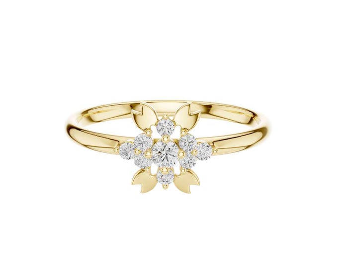 Delicate 14K Yellow Gold Floral Diamond Ring with Sparkling Round-Cut Stones – Elegant Nature-Inspired Fine Jewelry for Women