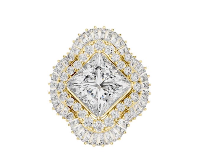 Cocktail Ring Princess Cut Moissanite Diamond Halo Ring in Gold Statement with Double Halo Elegant Bridal Jewelry Gift for Women