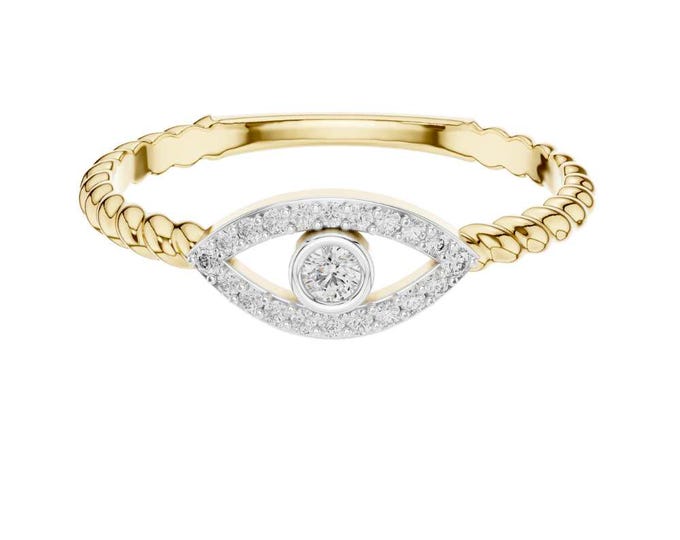 Diamond Evil Eye Ring – Gold Bezel Marquise Shape Ring, Protection Jewelry, Dainty Diamond Band, Unique Fine Jewelry Gift
