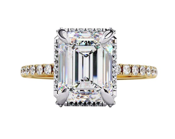 Emerald Cut Moissanite Halo Engagement Ring 2.80 TCW Solitaire Ring with Dainty Diamond Band Custom Fine Bridal Jewelry Gift for Her