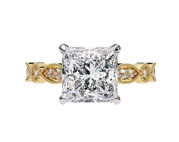 Vintage Inspired Princess Cut Moissanite Engagement Ring in Yellow Gold with Milgrain Diamond Band Unique Square Solitaire Bridal