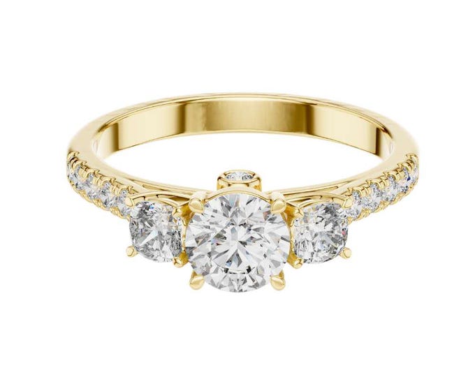 Classic Three Stone Moissanite Anniversary Ring in 18K Yellow Gold Round Brilliant cut Art Deco Inspired Vintage Bridal Jewelry Gift for Her