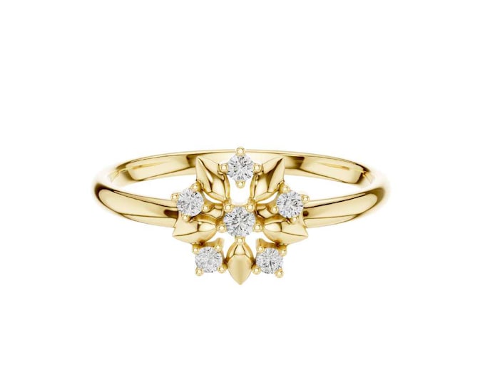 Stunning Gold Floral Snowflake Diamond Ring Nature Inspired Design with Sparkling Round Moissanite Diamonds and Elegant Band