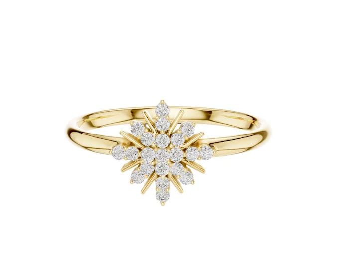 Elegant 14K Gold Starburst Diamond Ring Featuring a Sparkling Cluster of Round-Cut Diamonds Set in a Unique Radiant Design Everyday Glamour