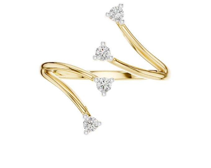 Moissanite Trio Diamond Ring in 18k Yellow Gold Vermeil with Open Band Elegant Modern Jewelry for Engagement or Special Occasion Gift