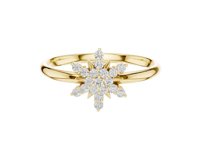 Starburst Diamond Ring Unique Snowflake Engagement Celestial Inspired Jewelry Dainty Gold Statement Ring Gift for Her Winter Wedding Ring