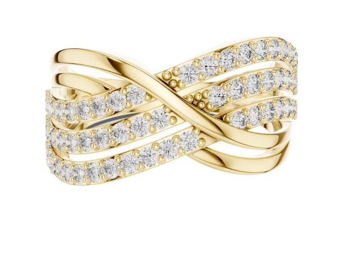 Infinity Twist Diamond Band Ring 18K Yellow Gold Multi-Row Crossover Pavé Ring Wide Statement Ring for Women Anniversary Band