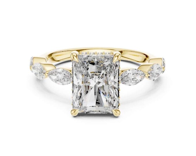 3.7 CT Radiant Cut Diamond Engagement Ring with Marquise Side Stones in Yellow Gold – Luxury Solitaire Bridal Ring with Prong Setting