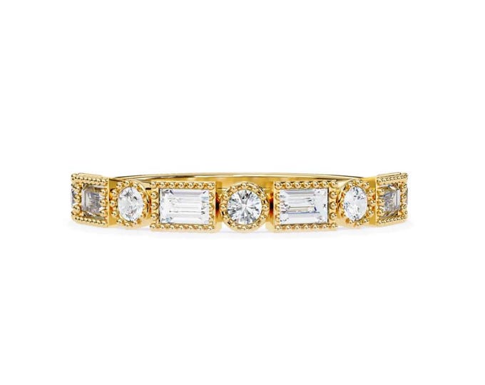 Gold Eternity Band with Baguette and Round Moissanite Vintage Inspired Dainty Stacking Ring Elegant Sparkling Gold Jewelry Gift for Women