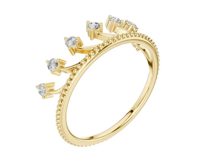 Premium Sparkling Round Cut Moissanite  Crown Ring with Sparkling Stones Dainty Tiara Ring Royal Gold Band Stackable Princess Ring for Her