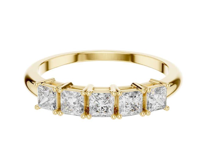 Five Stone Princess Cut Diamond Ring in Yellow Gold Elegant Anniversary Band Stackable Wedding Ring Dainty Gold Diamond Band Gift for Her