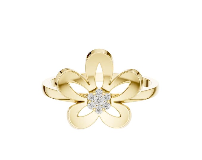 Elegant Gold Flower Ring with Sparkling Diamond Center Minimalist Handmade Fine Jewelry Unique Nature Inspired Ring Perfect Gift for Her