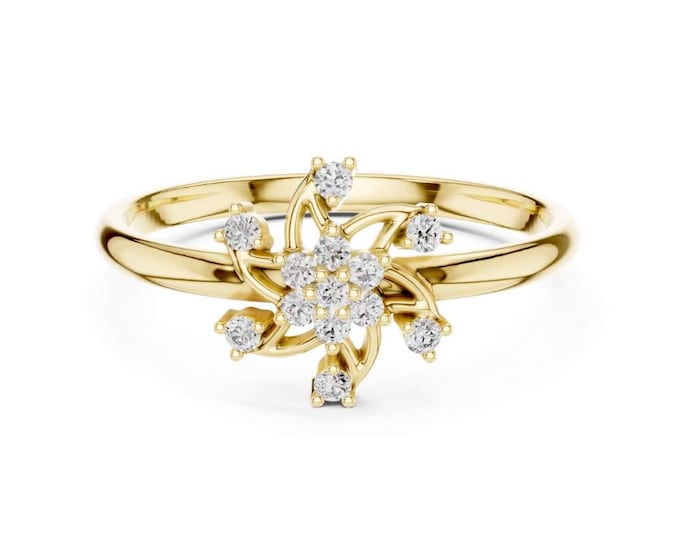 0.78 CT Floral Starburst Diamond Cluster Ring in 14K Yellow Gold Dainty Snowflake Inspired Promise Ring Delicate Star Shaped Engagement Band