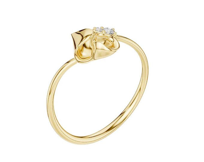 Round Moissanite Rosebud Solitaire Ring Dainty Flower Engagement Ring with Minimalist Floral Promise Ring Petite Gold Plated Band for Her