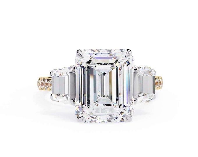 Emerald Cut Three Stone Diamond Engagement Ring Unique Gold Bridal Ring Timeless Luxury Wedding Ring Elegant Statement Bridal Gift for Her
