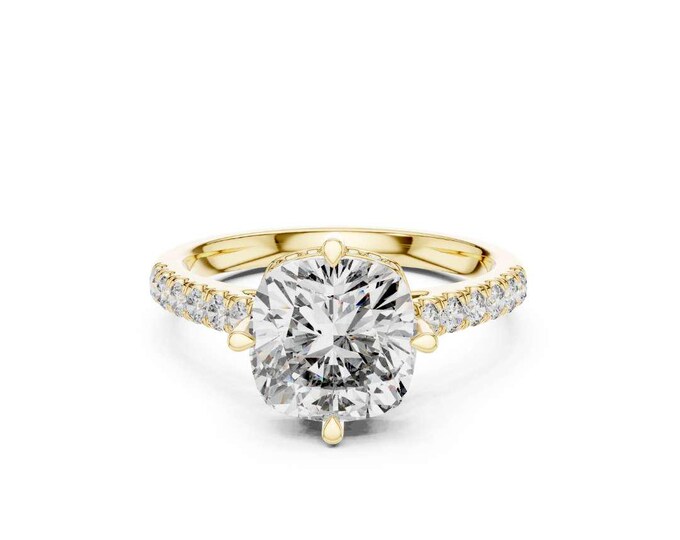 Radiant Cushion Cut Diamond Engagement Ring with Pave Side Stones and Elegant Yellow Gold Band for a Classic Timeless Design
