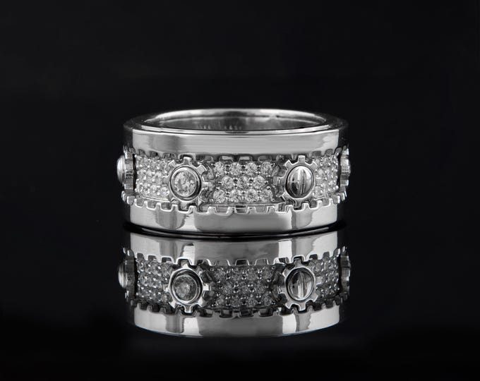 2.00 CT Luxury Iced Out Silver Band Ring Wide CZ Diamond Screw Design Statement Ring Hip Hop Bling Jewelry for Men Unique Fashion Gift