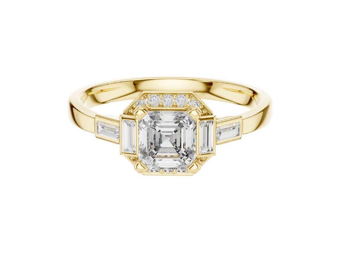 Radiant Cut Art Deco Diamond Engagement Ring in Yellow Gold  Vintage Inspired Baguette Side Stones, Bridal & Anniversary Jewelry