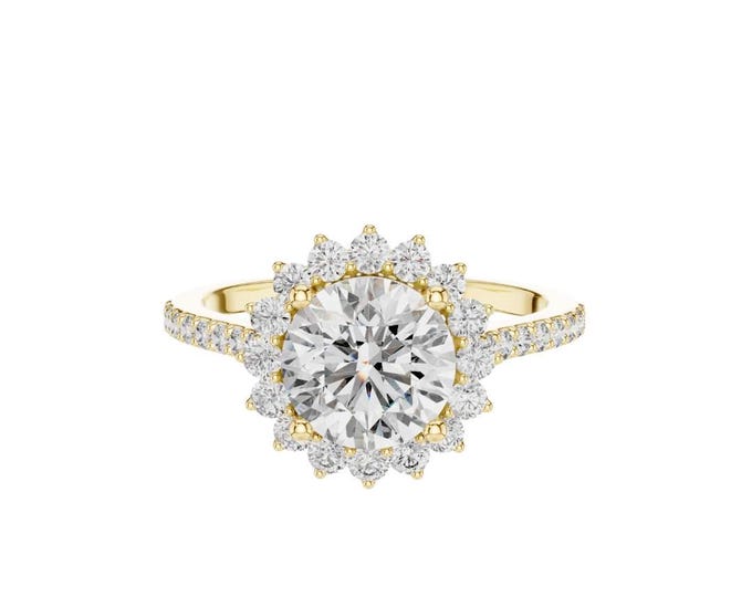 Stunning Diamond Ring with Brilliant Round Center Stone Surrounded by Sparkling Halo of Smaller Diamonds Elegant Split Shank Band