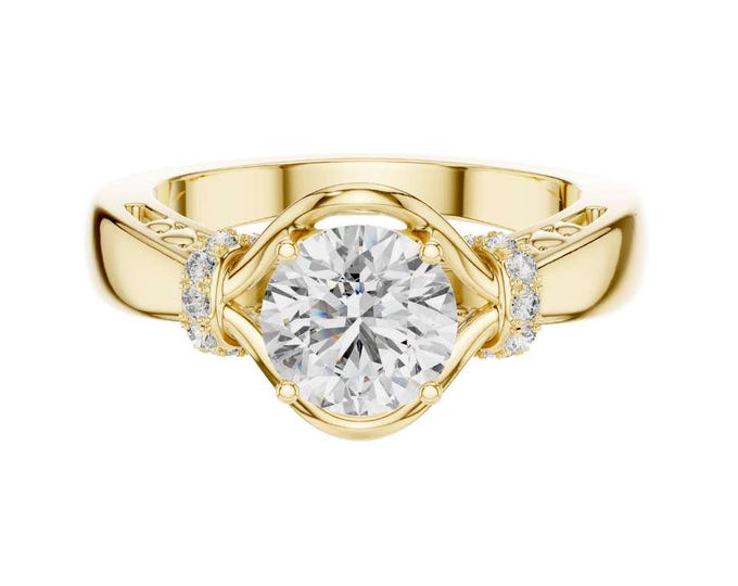 Elegant Round Moissanite Bridalset Ring Vintage Inspired Solitaire Ring with Side Accents Unique Fine Bridal Jewelry Art Deco Wedding Ring