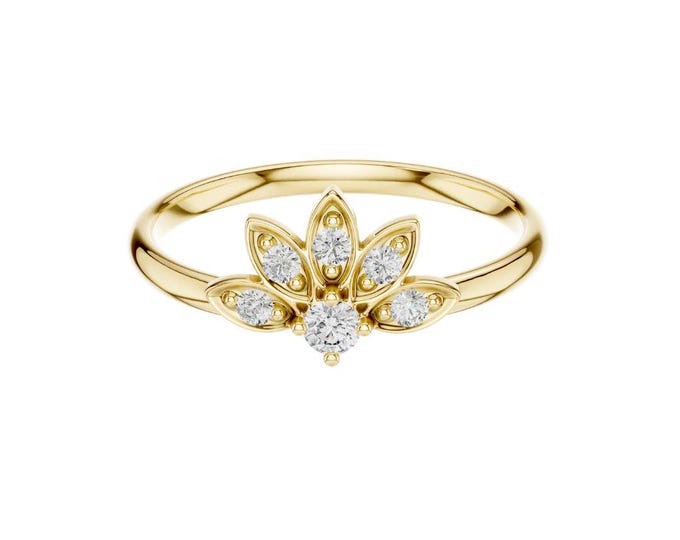 Elegant 14K Yellow Gold Lotus-Inspired Diamond Ring with Marquise and Round Cut Stones – Delicate Floral Fine Jewelry for Women