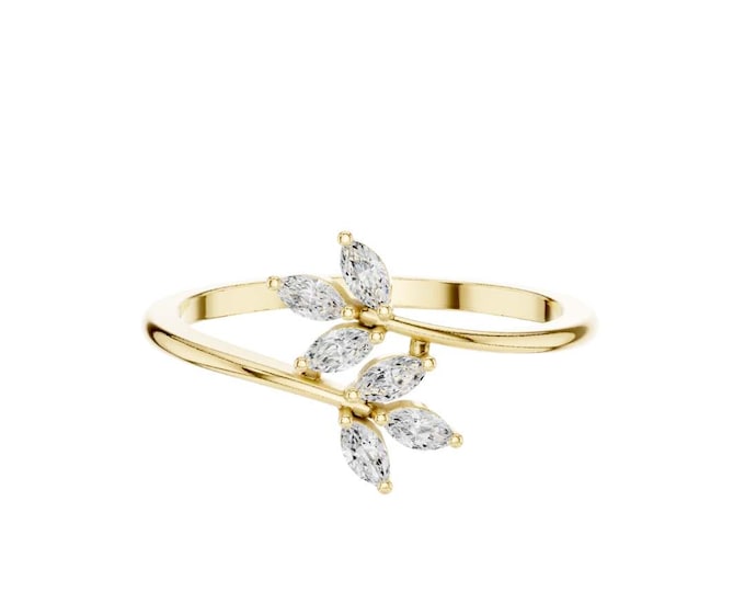 Gold Leaf Ring with Marquise Moissanite Diamond Dainty Nature-Inspired Adjustable Elegant Gold Ring for Women Minimalist Botanical Jewelry