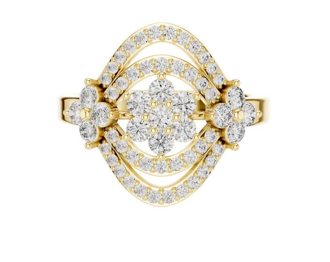 Vintage Inspired Cluster Diamond Ring in Yellow Gold Unique Double Halo Floral Setting with Round Cut Stones Elegant Cocktail Statement Ring