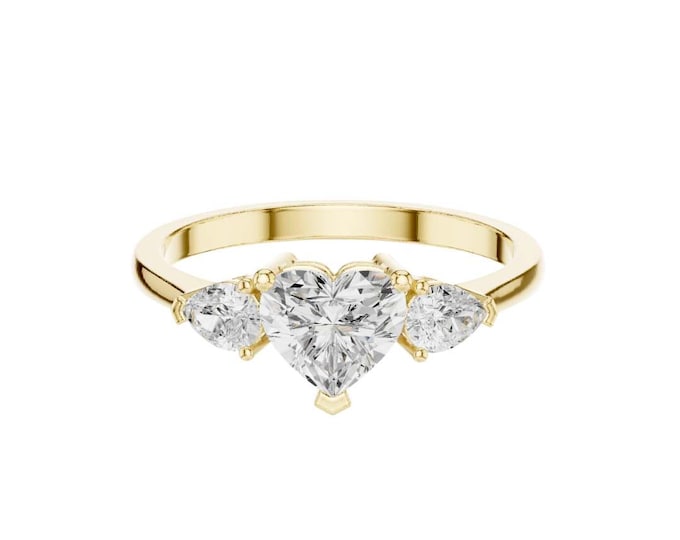 Dazzling Heart Cut Diamond Wedding Ring 14K Gold Three Stone Ring Pear Side Stones Romantic Promise Ring Dainty Bridal Ring for Her