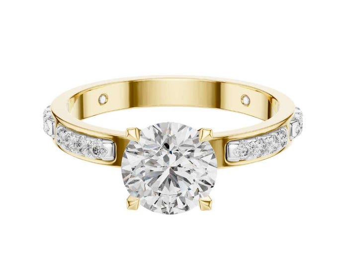 Dazzling Gold Diamond Wedding Ring Round Solitaire with Bar-Set Side Stones Luxurious Bridal Ring Modern Classic Proposal Ring for Her