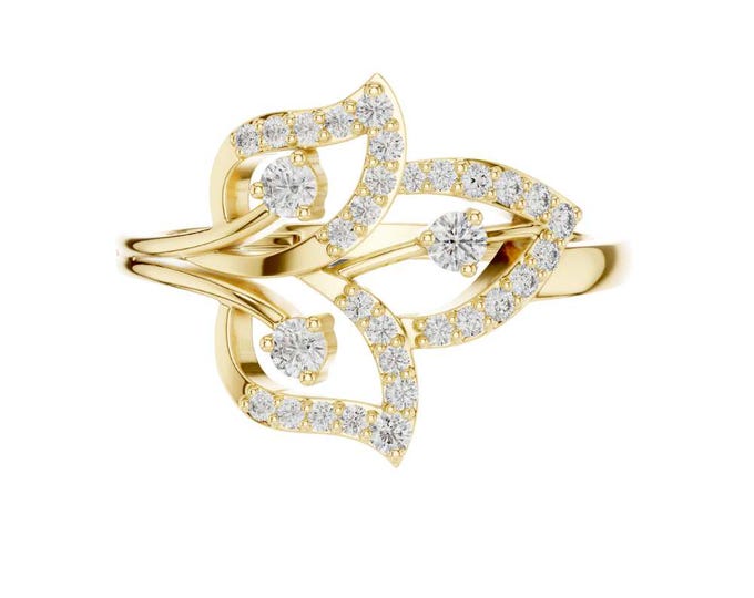 Elegant Leaf Design Diamond Ring in 14k Yellow Gold Nature Inspired Leafy Statement Ring Sparkling Cluster Fine Jewelry Gift for Her