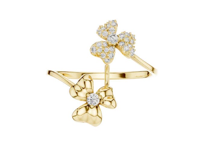 Round Moissanite Butterfly Ring with Crystals Adjustable Open Band Ring Dainty Double Butterfly Ring Cute Nature Jewelry Gift for Her