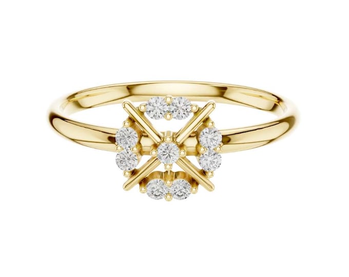 0.09 CT Gold Cluster Diamond Ring Dainty Round Cut Diamond Starburst Ring Minimalist Gold Band Dainty Starburst Ring for Women Elegant Ring