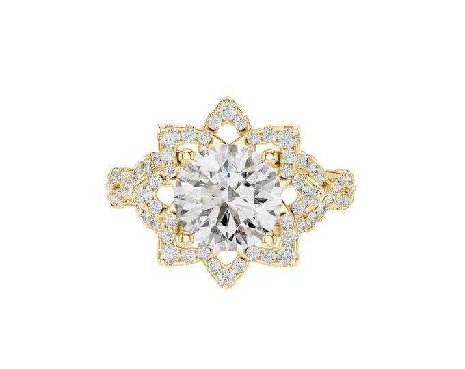 Stunning Floral Design Diamond Ring with Brilliant Round Center Stone Surrounded by Sparkling Halo of Smaller Diamonds on a Delicate Band
