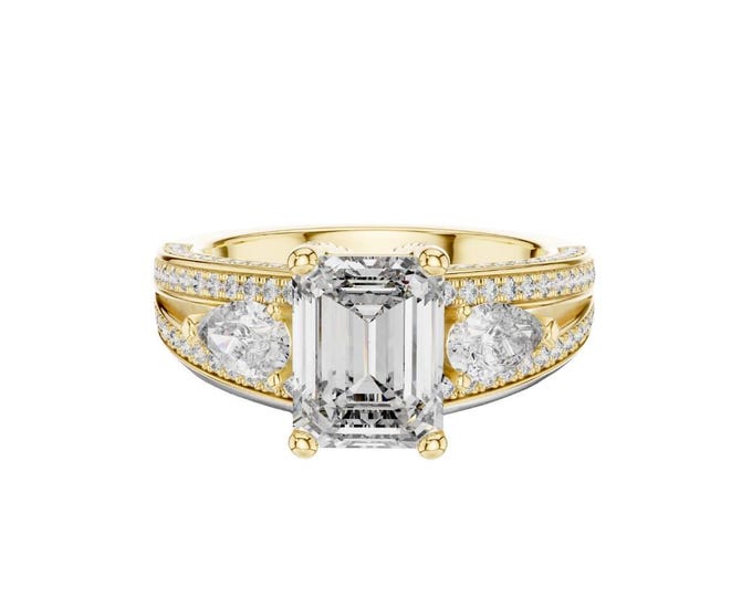 Elegant Emerald Cut Three Stone Engagement Ring in with Round Diamond Side Accents and Split Shank Pave Band Bridal Jewelry Statement Piece