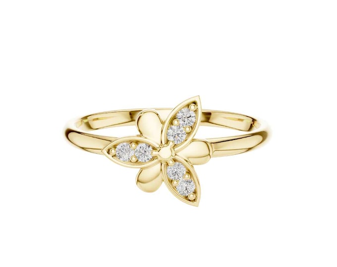Sparkling Gold Flower Ring with Round Moissanite stones Dainty Nature Inspired Jewelry Ring for Women Minimalist Wedding Gift for Her