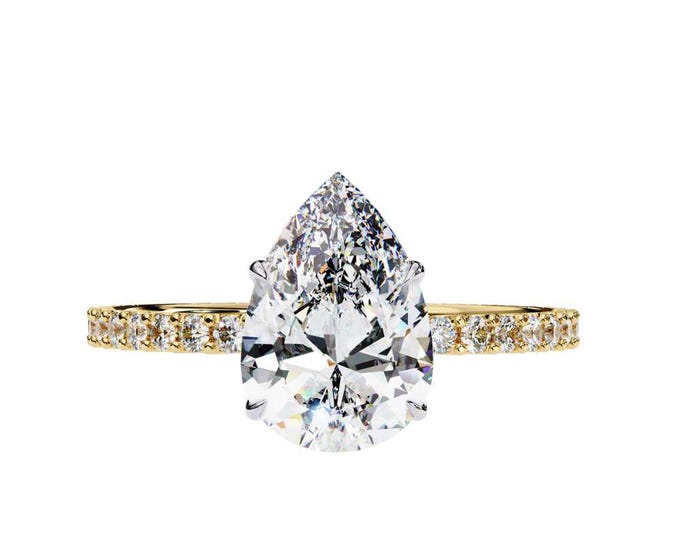 2.06 TCW Pear Shaped Moissanite Ring in Gold, Silver, Rose Gold Solitaire with Diamond Band Dainty Minimalist Wedding Ring for Women