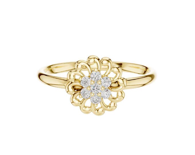 Exquisite 14K Yellow Gold Open Floral Diamond Cluster Ring – Delicate Vintage-Inspired Engagement, Promise, or Anniversary Ring