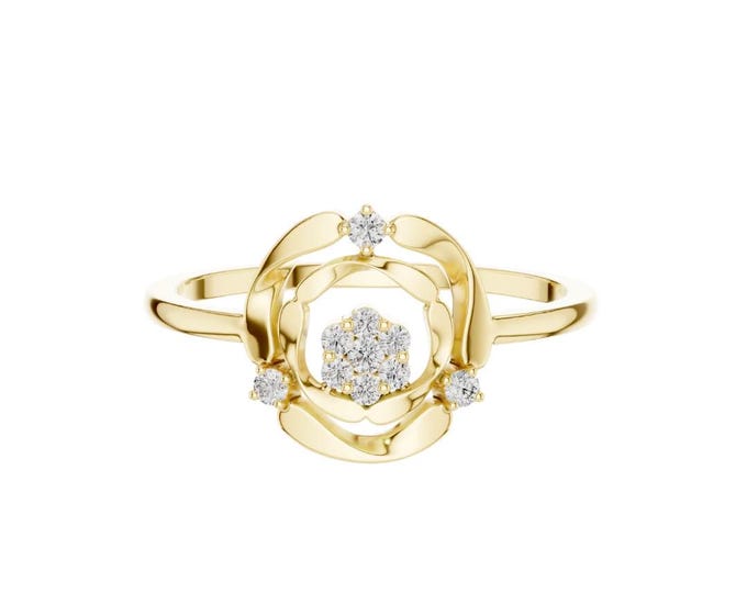 Elegant Gold Flower Ring with Hexagon Cutout and Sparkling Diamond Accents Minimalist Handmade Fine Jewelry Nature Inspired Ring Perfect
